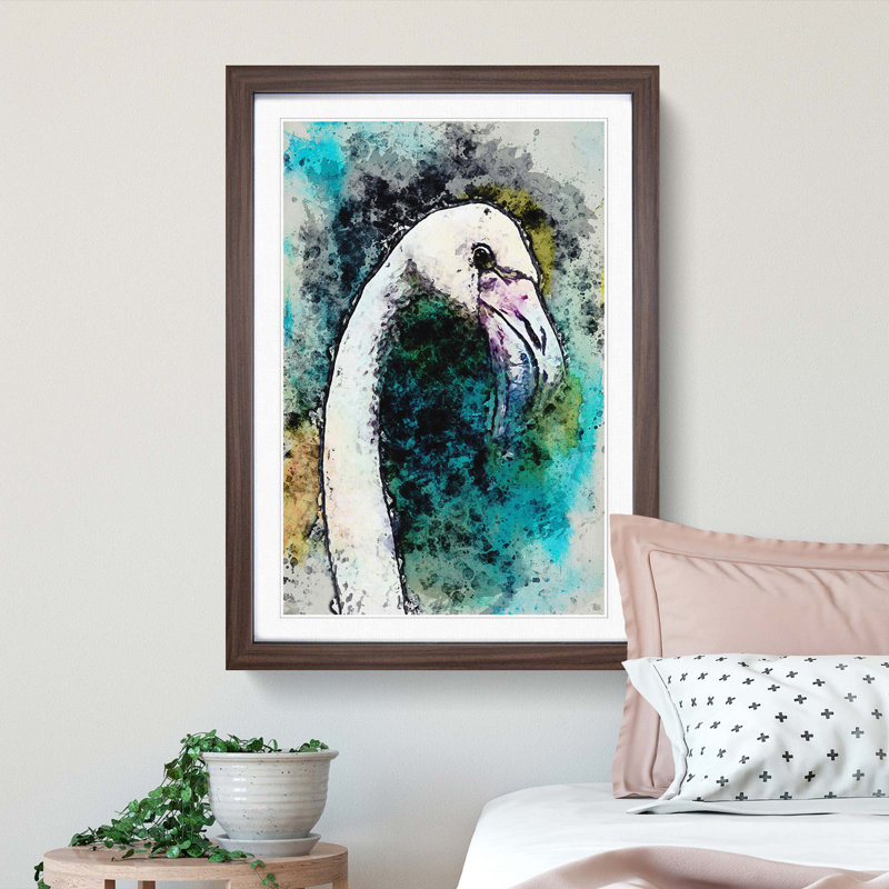 A Pink Flamingo Bird in Abstract - Picture Frame Painting Print, 65cm H x 48cm W x 2cm D, Walnut Framed