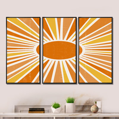 «Minimalist Bright Shining Orange Sun Rays I», reproduction de cadre flottant sur toile 3 pièces