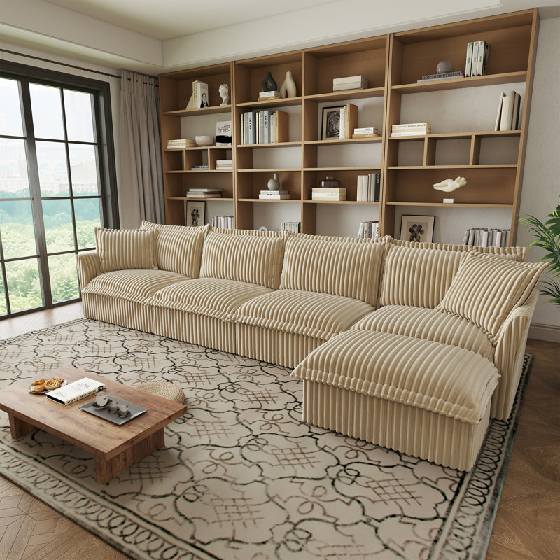 L-Shaped Slipcovered Sectional Sofa Couch, Comfy Deep Seat Cloud Couch With Convertible Ottoman & Big Pillows, Modern Oversized Slipcovered Sofa Set For Living Room Office, Corduroy