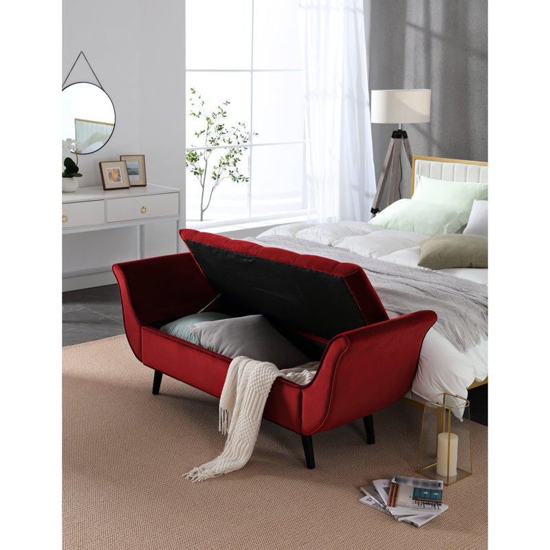 Banc polyvalent en velours rouge de 65 pouces pour le salon, assise confortable, profondeur 48,24 po, largeur 18,46 po, hauteur 17,11 po, chambre de rangement 47,2 lb, conception gracieuse, profondeur, largeur, hauteur,