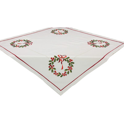 Country Wreath Embroidered Hemstitch Holiday Table Topper