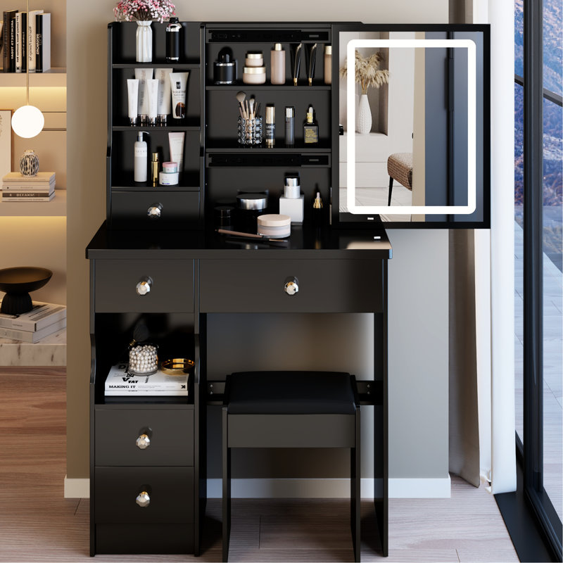 29.2" Small - Sized Vanity Table, Left Drawer, Cushioned Stool, Tri Color Switching Brightness Adjustable Mirror, Footprint Dormitories Living Areas