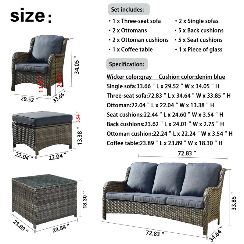 Wicker 5 - Person Patio Conversation Set with Cushions, Blue