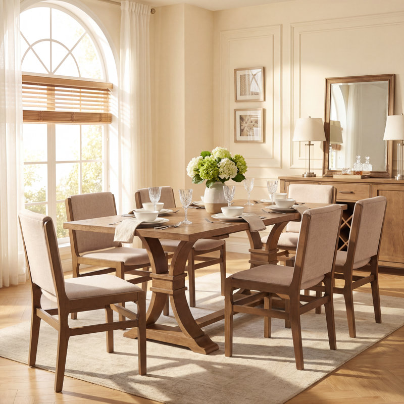 Alagie 7-Piece Expandable Rubberwood Dining Table Set With Upholstered Chairs