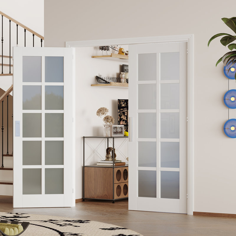 Portes doubles Slab - verre givré 10 Lite avec finition blanche, porte de garde-manger intérieure (poignée, loquet et goupille inclus, à peindre)