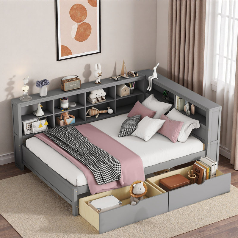 Lit de jour en bois avec 2 tiroirs, tablette de rangement et ports de chargement USB, Gris