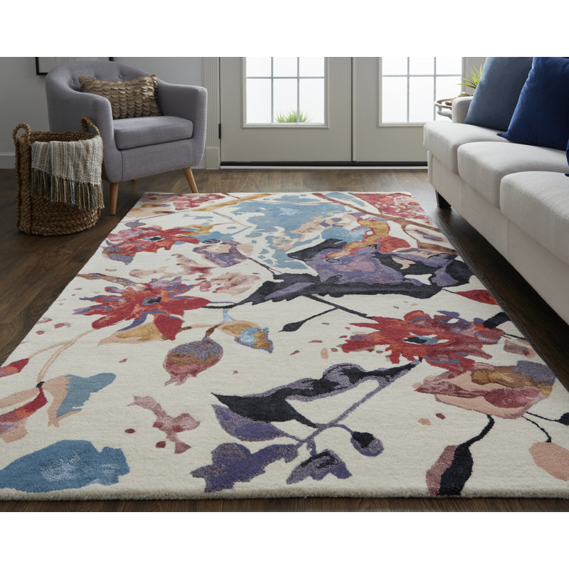 Tapis floral / botanique transitionnel rouge / bleu / mauve Dafney, Rectangle 3 pi 6 po x 5 pi 6 po