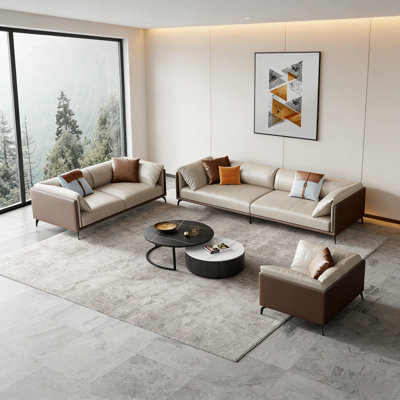 Euphemios Modern Gray/Brown 3 - Piece Faux Leather Living Room Sofa Set,Contemporary Couch by Latitude Run