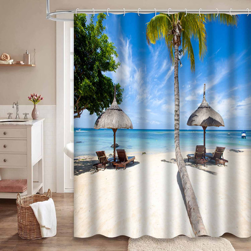 Paradis blanc, plage de sable, palmier, île tropicale, bleu, vert, 12 crochets, L 72 po x l 72 po