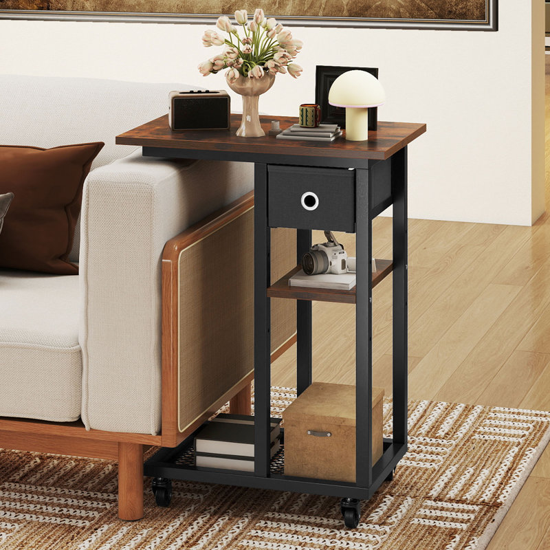 Rolling Side Table with Fabric Drawer 50 x 30 x 67 cm, Brown, Black