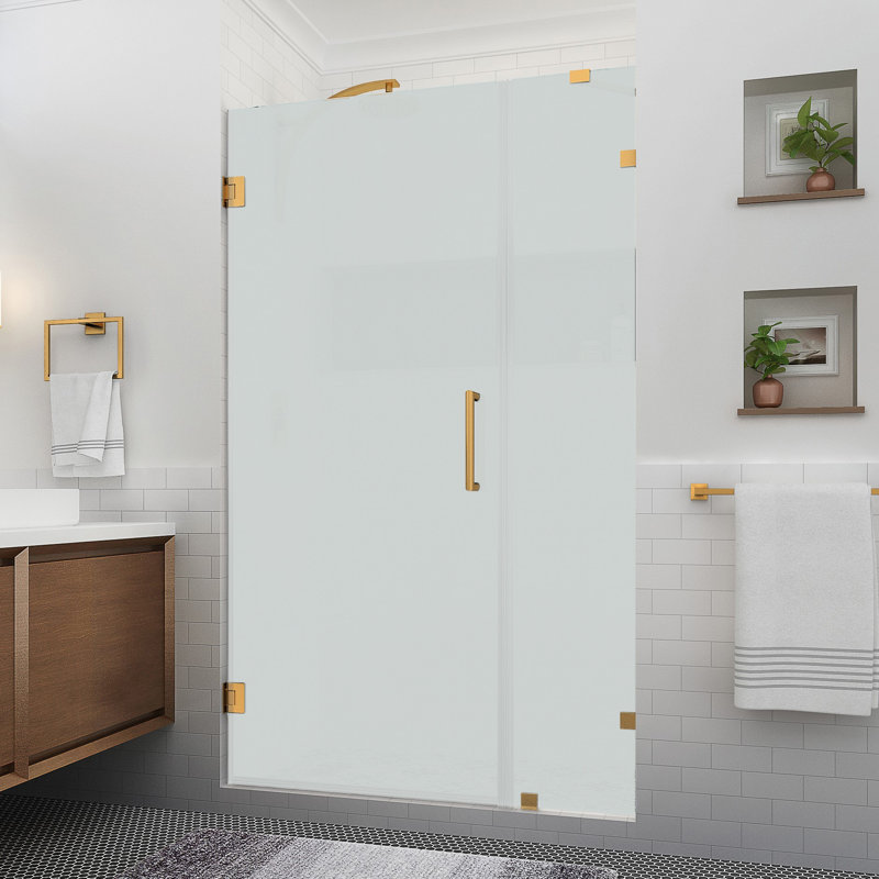 Nautis XL 44.25" W x 80" H Hinged Frameless Shower Door with Ultra-Bright Frosted Glass, Brushed Gold