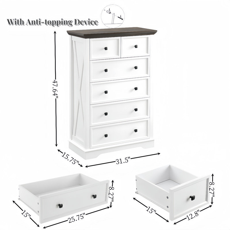 Classic 6 Storage Cabinet,  Accent Drawer Dresser，Closet Organizers for Living Room, Bedroom, White