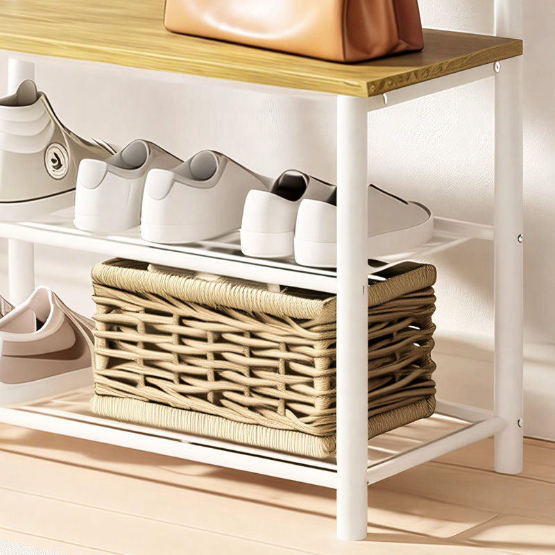This Metal And Solid Wood Combination Coat Rack Features A Built-In Shoe Bench And Cabinet, Three Storage Shelves, Five Removable Hooks, And A Simple, Pure White Design.