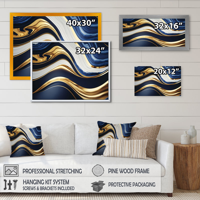 Géode abstraite des vagues bleues et dorées - impressions sur toile abstraites, Toile tendue, H 30 po x l 40 po x P 1,5 po