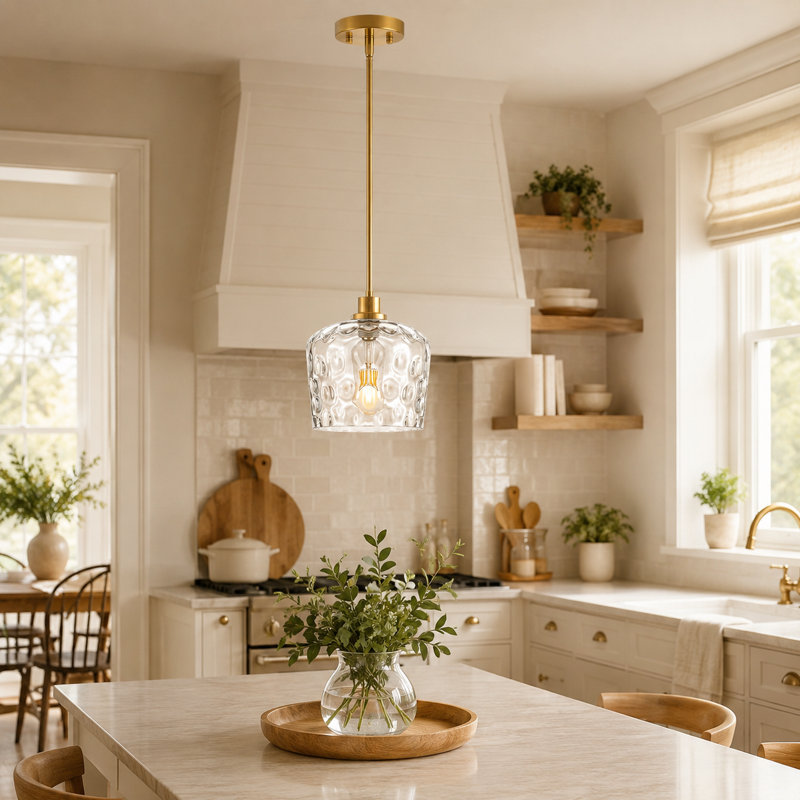 1-light 7.67" Clear Hammered Glass Pendant Light Kitchen Island Light, Brass