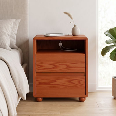 Table de chevet en bois massif avec station de charge, 2 tiroirs et tablettes ouvertes, table de chevet moderne avec USB, prises de courant de type C et CA, coins arrondis, assemblage rapide