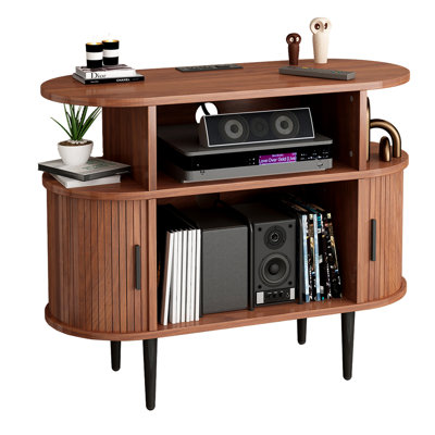 Walnut Mid-century Modern Record Player Stand With Vinyl Storage