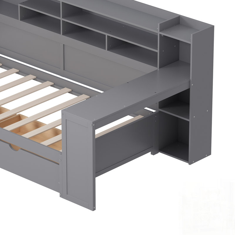 Lit de jour simple en bois avec tablettes de rangement et bureau d'étude, lit multifonctionnel pour une efficacité et une productivité accrues