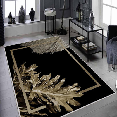 Tapis rectangulaire noir / or 3 pi 11 po x 5 pi 11 po tissé à la machine