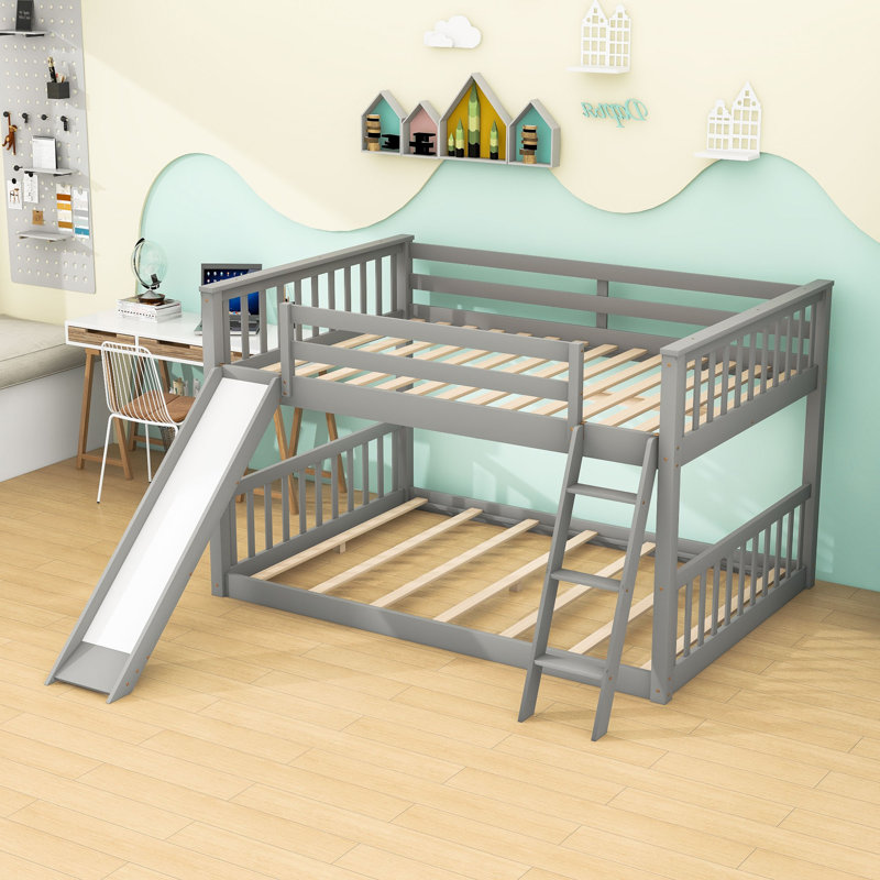 Lit superposé double en bois avec glissière réversible et échelle, Gris