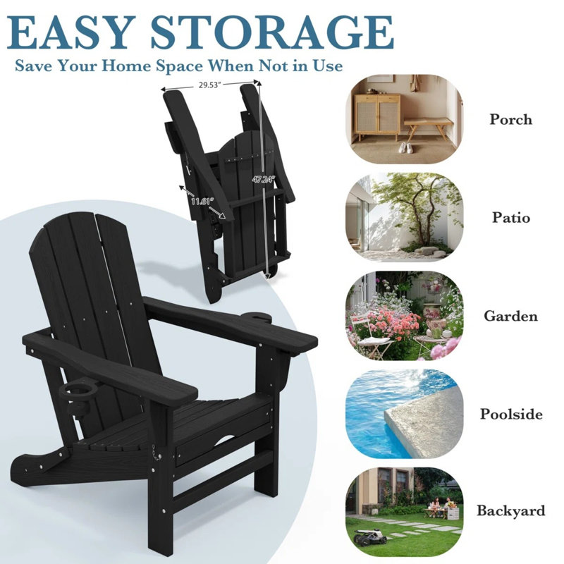 Fauteuil Adirondack inclinable pliant en PEHD avec foyer et repose-pieds coulissants (ensemble de 4), Noir, 4