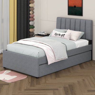 Lit plateforme tapissier simple avec lit gigogne Teddy