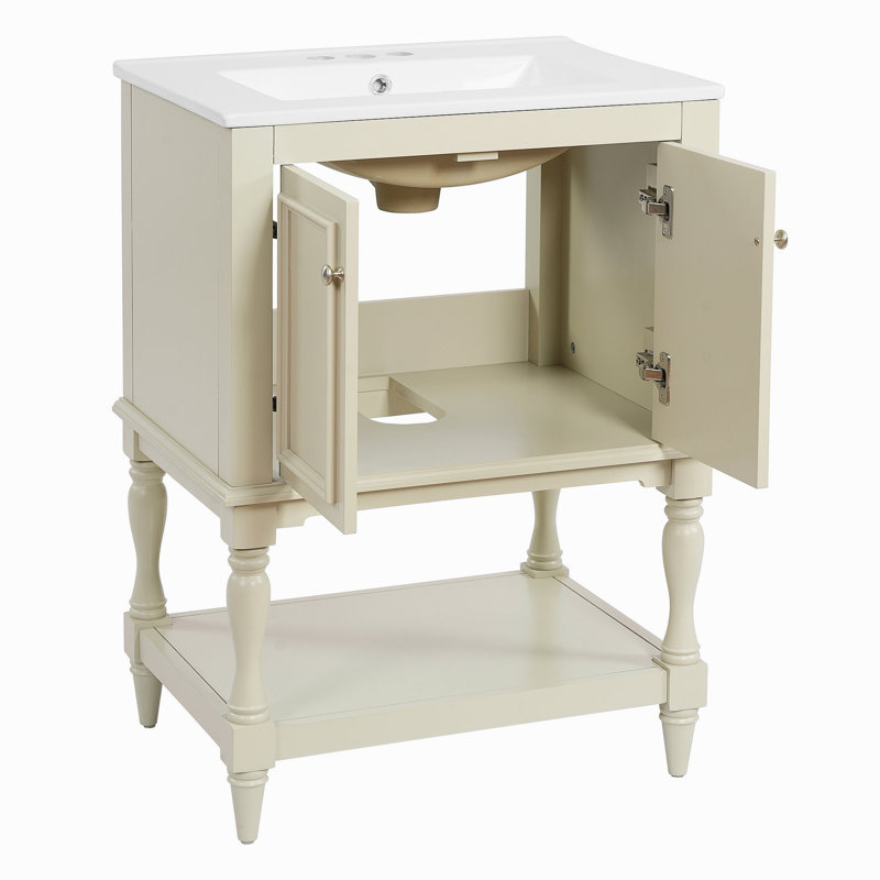 Meuble-lavabo de luxe moderne de 24 po avec lavabo en céramique, meuble de salle de bain avec tablette ouverte et rangement fermé