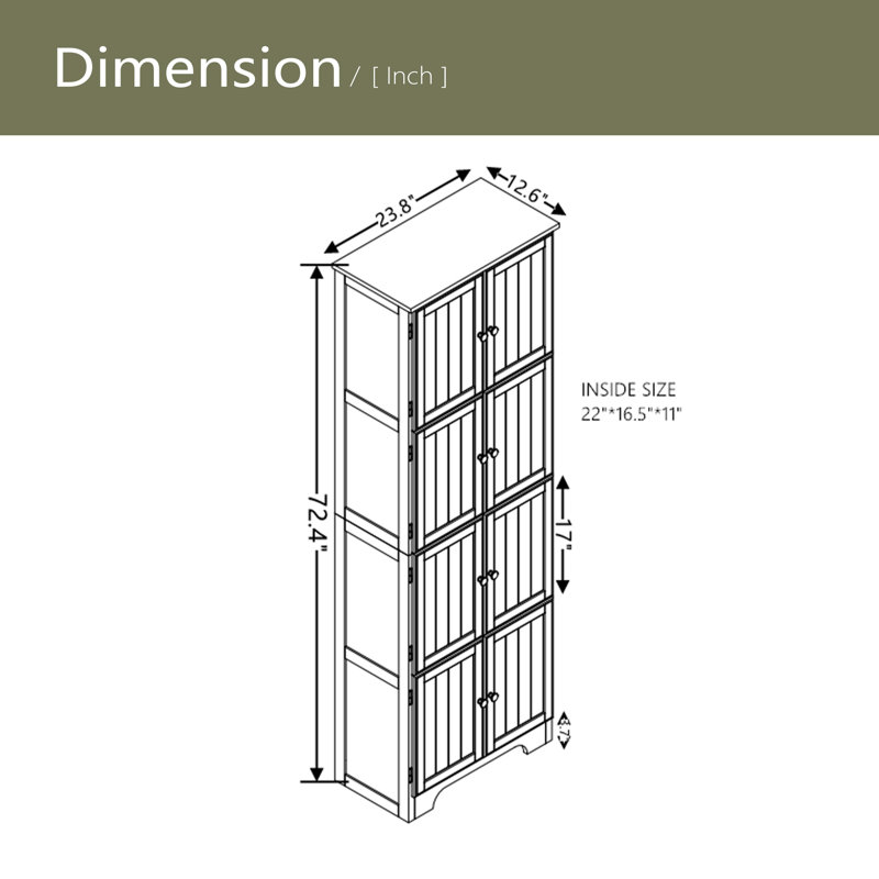 Armoire de rangement de 72,4 po de hauteur avec 8 portes et 4 tablettes, bibliothèque, salon, cuisine, salle à manger, Blanc