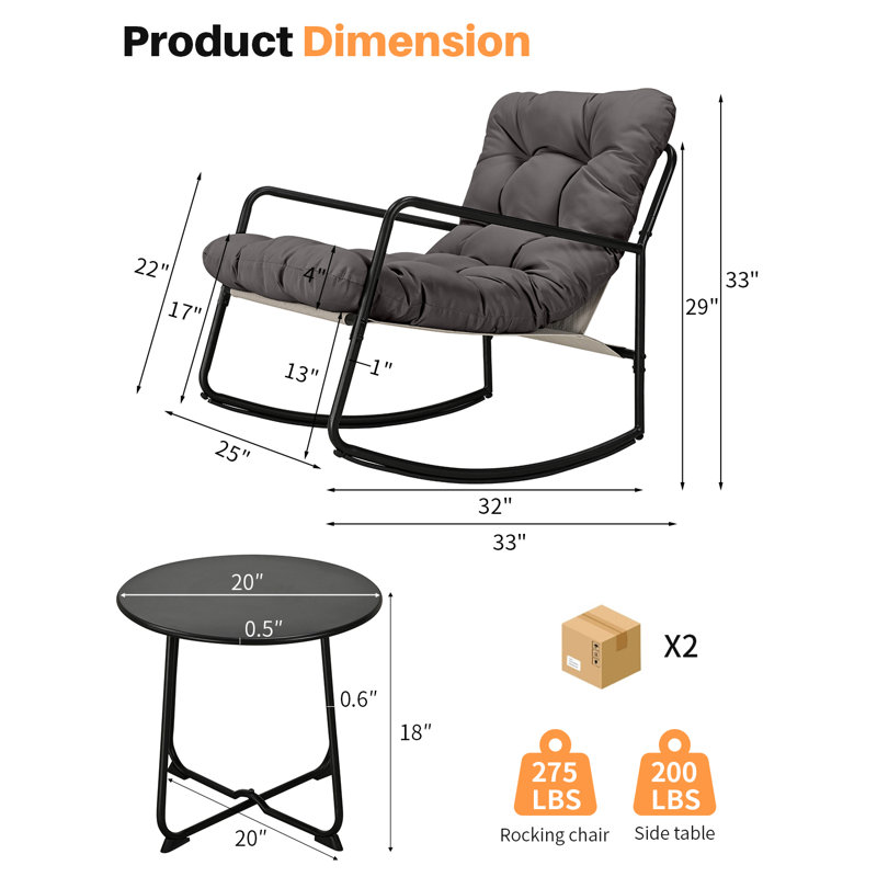 3 Pieces Outdoor Conversation Set, Metal Patio Bistro Set With 2 Outdoor Rocking Chairs And Side Table, Patio Furniture Set With Cushions For Apartment, Porch, Balcony, Poolside, Dark Grey