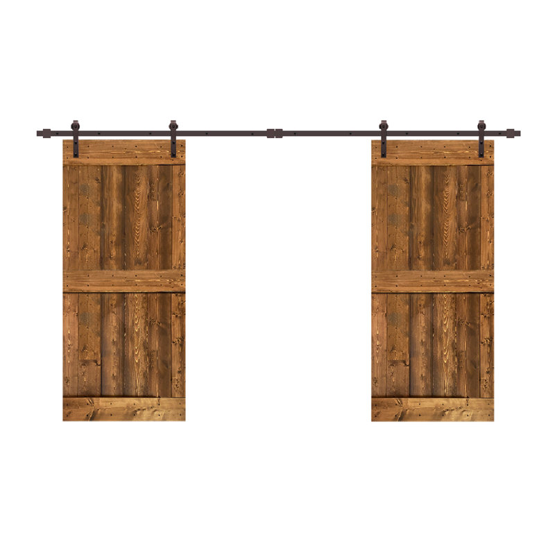 Porte de grange double à panneaux en bois et en métal avec ensemble de quincaillerie d'installation Mini Z Series, Noyer