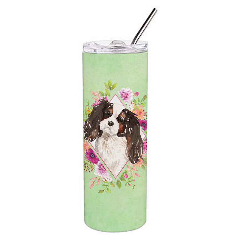 E23BF9F8391D466E9CA4F8DFEBD9A7DB de verre 20 oz à double paroi en acier inoxydable chiot, Épagneul cavalier tricolore, Vert