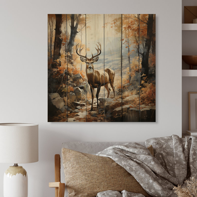 Jasper, cerf d'automne sur bois, impression sur bois, H 25 po x l 25 po x P 0,78 po