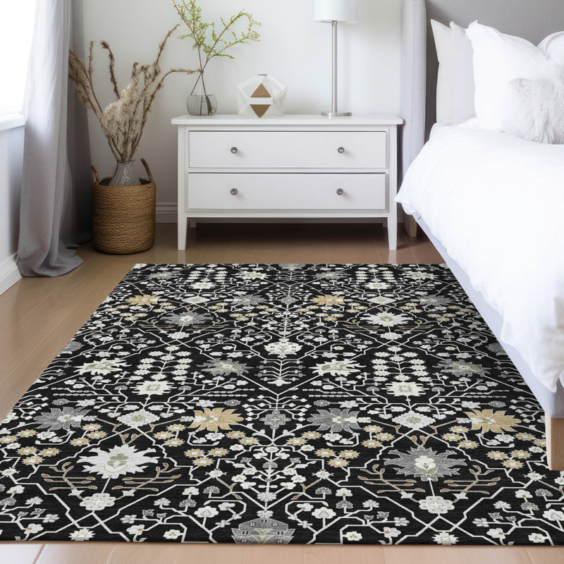Black Synthetic Flat Woven Rectangular Washable Area Rug 5' x 7'