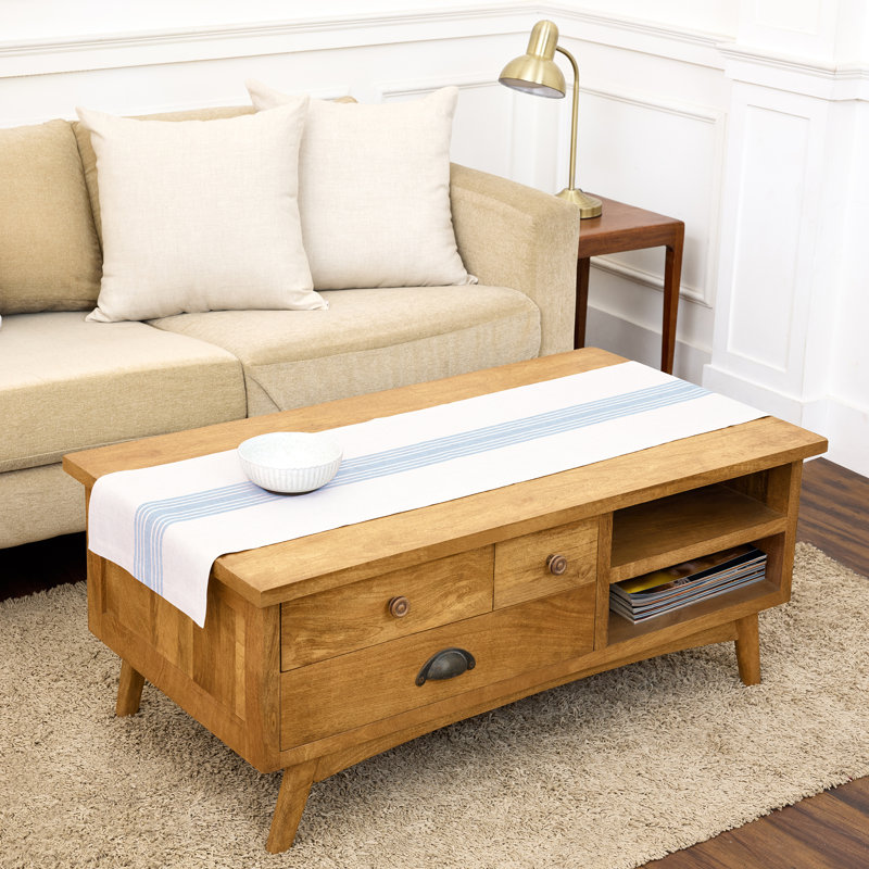 Farmhouse - 100% Pure Linen Table Runner, 60" x 14", Dusty Blue/White