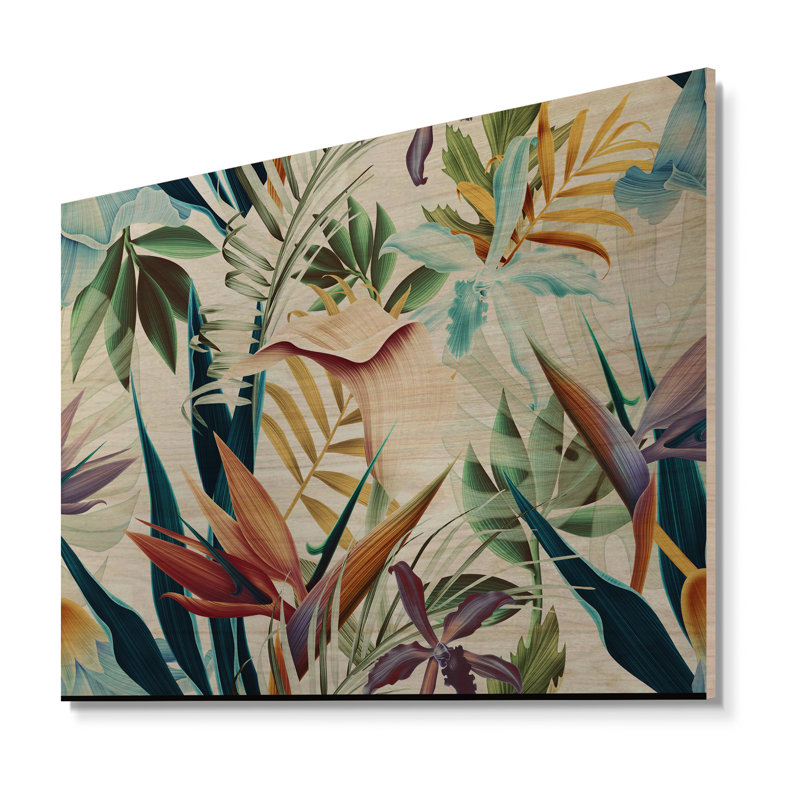 Fleurs tropicales rétro I - impression d'art mural en bois tropical, H 12 po x l 20 po x P 1 po