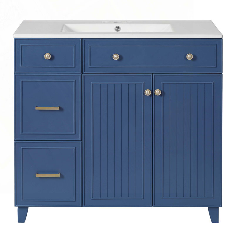 Meuble-lavabo de salle de bain avec lavabo en céramique, Bleu / blanc