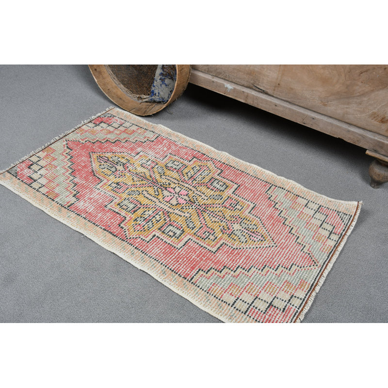 Tapis turc vintage en laine Oushak rouge pour porte d'entrée et petits espaces 12837 - rouge / jaune