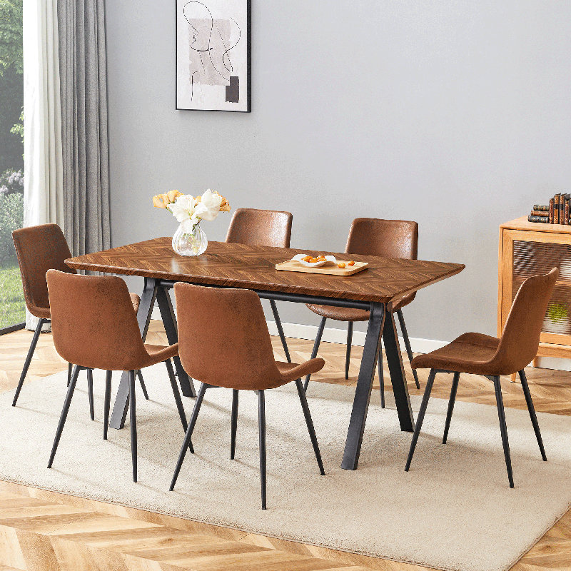 Ensemble de table de salle à manger Mid-Century moderne en bois, finition noyer rustique, 7 pièces : table, 6 chaises