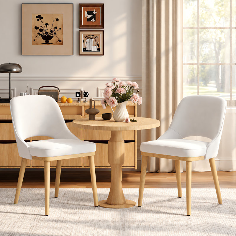 Chaise rembourrée en chenille avec pieds en bois massif, Beige, 2
