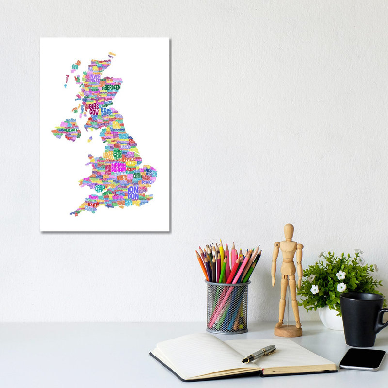 Great Britain UK City Text Map (White) by Michael Tompsett - Wrapped Canvas Print, 20.32 cm H x 30.48 cm W