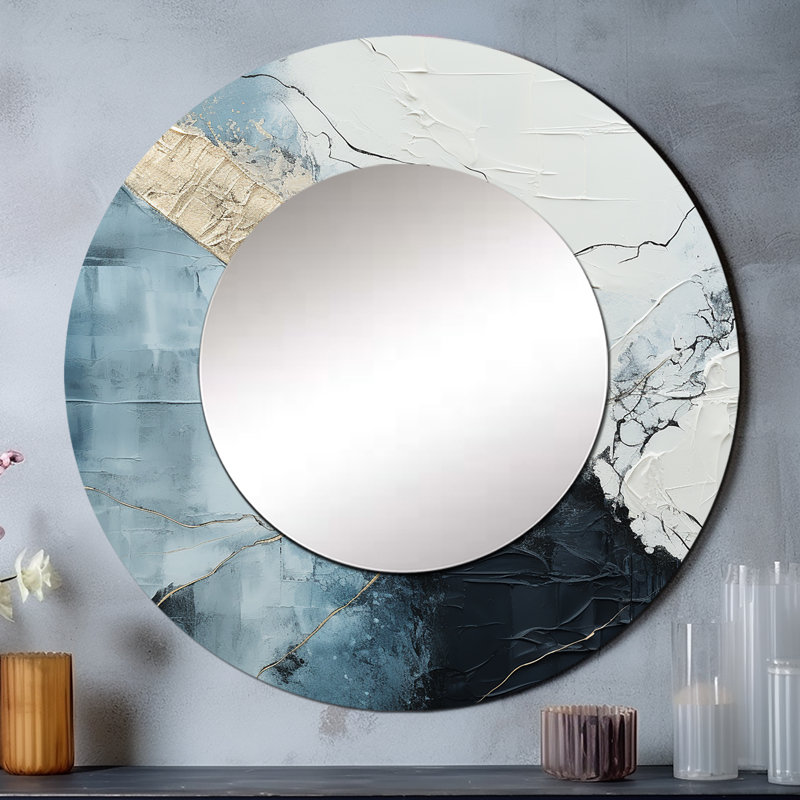 Rowin Minimalisme noir et blanc Paint Corner III - miroir mural décoratif bord de mer, miroir rond blanc, impression d'art en métal