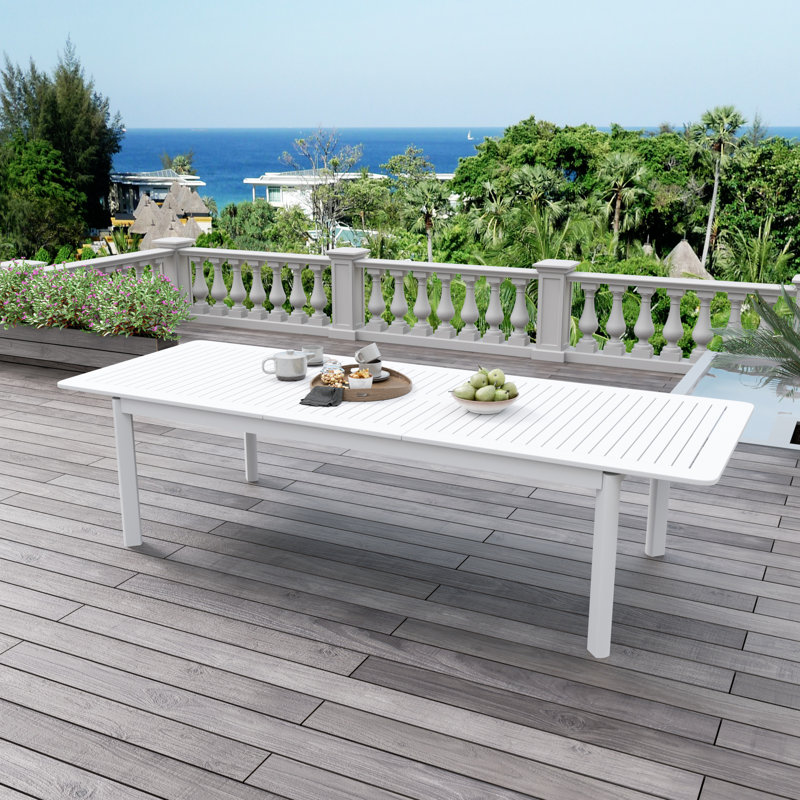 108.3'' x 39.4'' 10-Person Extendable Rectangular Aluminum Outdoor Dining Table with Built-in Table Leaf, White