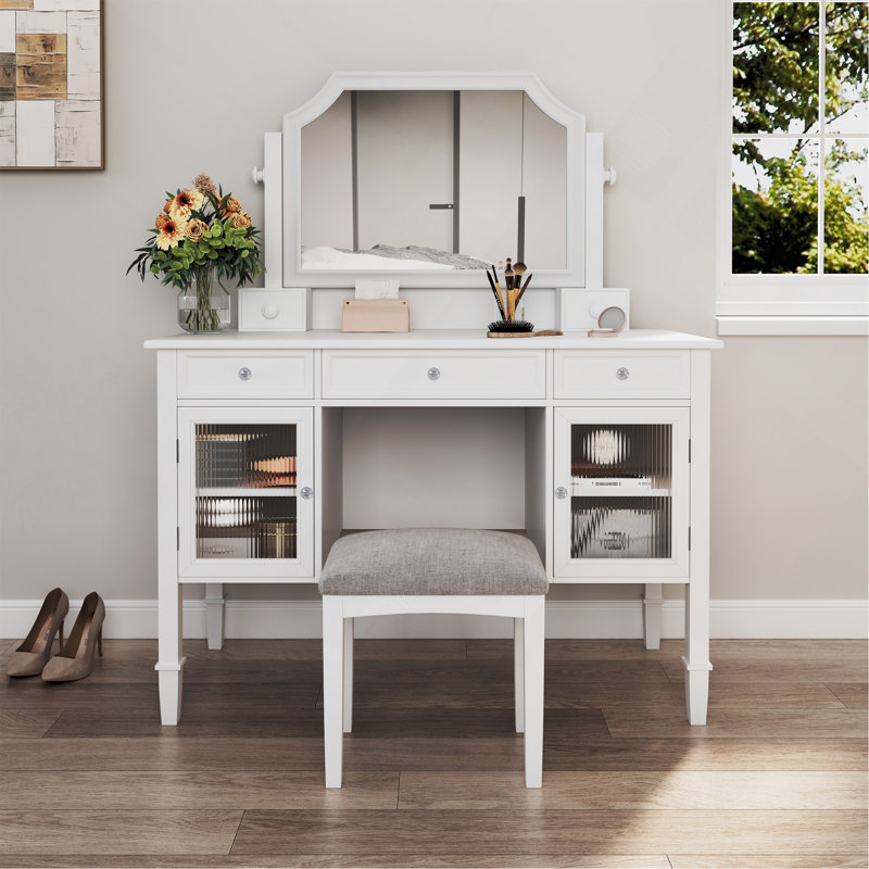 44.4" Makeup Vanity Desk With Large Adjustable Mirror, Dressing Table Set With Drawer Cabinet, Space-Saving Beauty Station For Bedroom, White