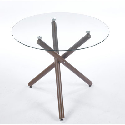 Table de salle à manger moderne en verre trempé avec pieds en métal noyer