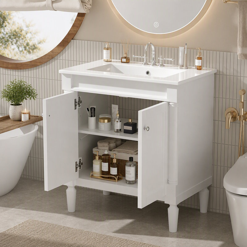 Single Bathroom Vanity with Ceramic Top, White, Silver
