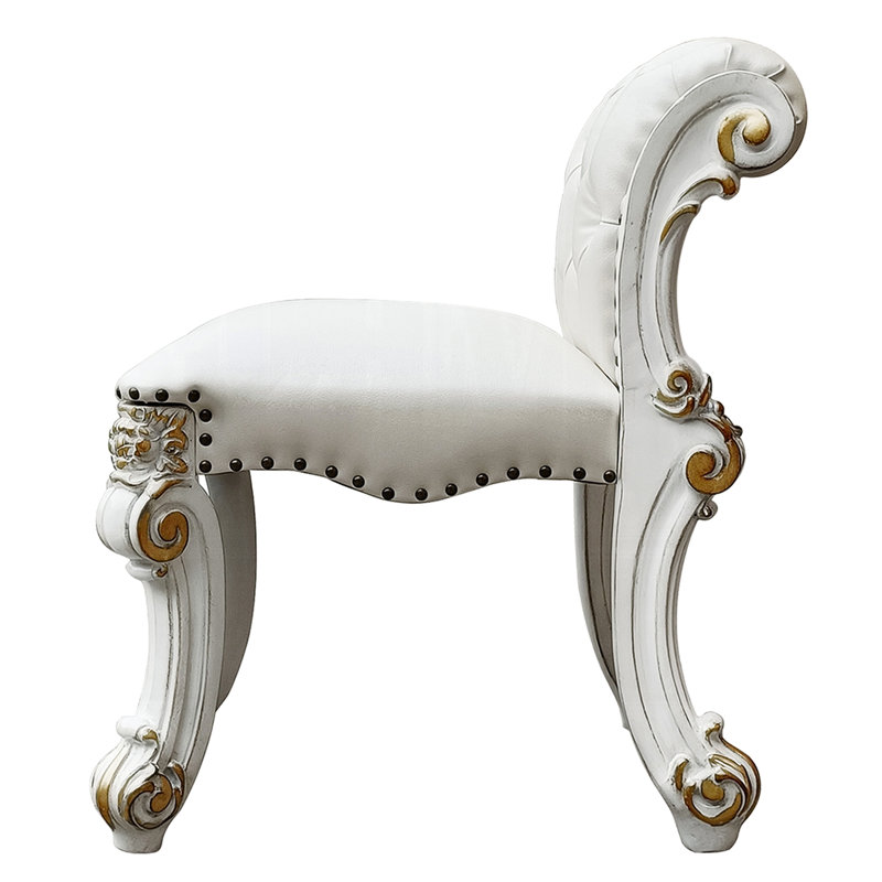 Tabouret de coiffeuse beige en similicuir sans accoudoirs, assise roulée à boutons avec garniture cloutée, hauteur de 28 pouces pour le tabouret de chambre à coucher en tissu à motif uni, rembourré et dossier, argent antique