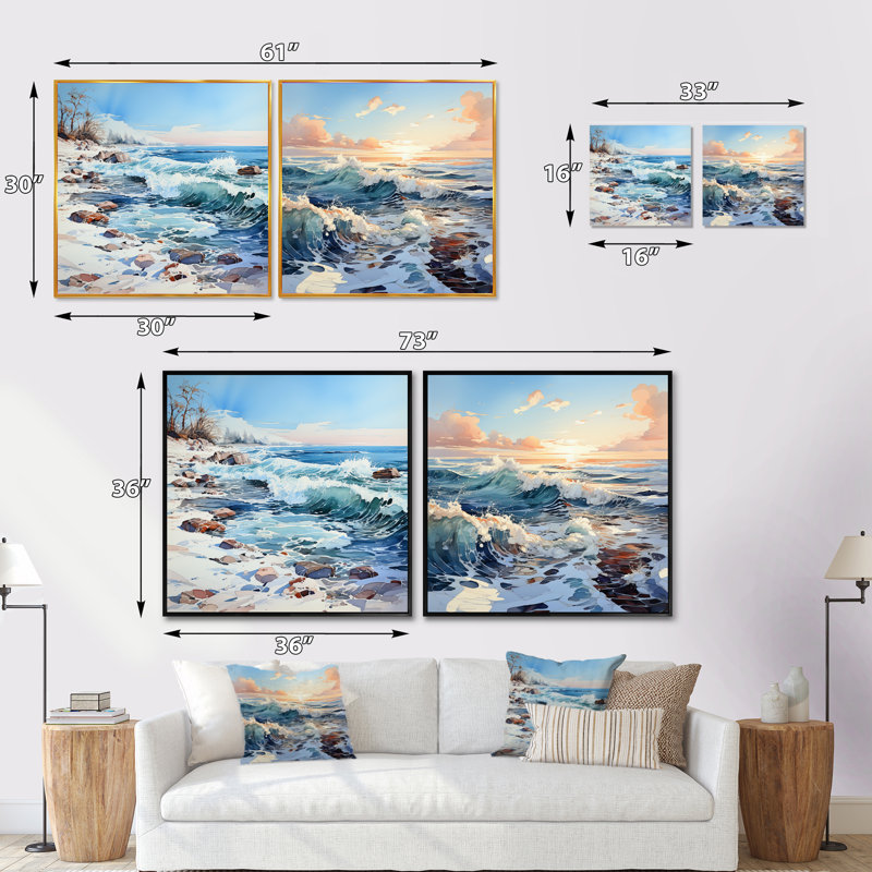 Océan paysage d'hiver - ensemble de 2 collages carrés océan, Cadre flottant noir, H 36 po x l 73 po