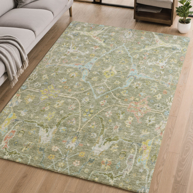 Premium Machine Washable Mayfield AMF2232 Global Rug, Aloe, 3' x 5'