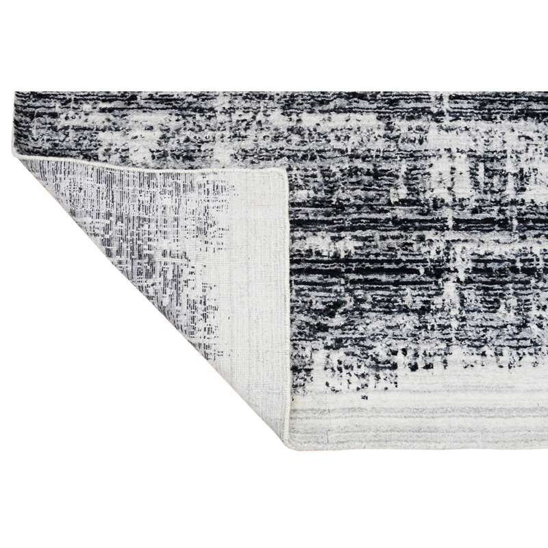 Tapis rectangulaire noir / blanc en laine / soie noué à la main, Rectangle 10 pi x 14 pi
