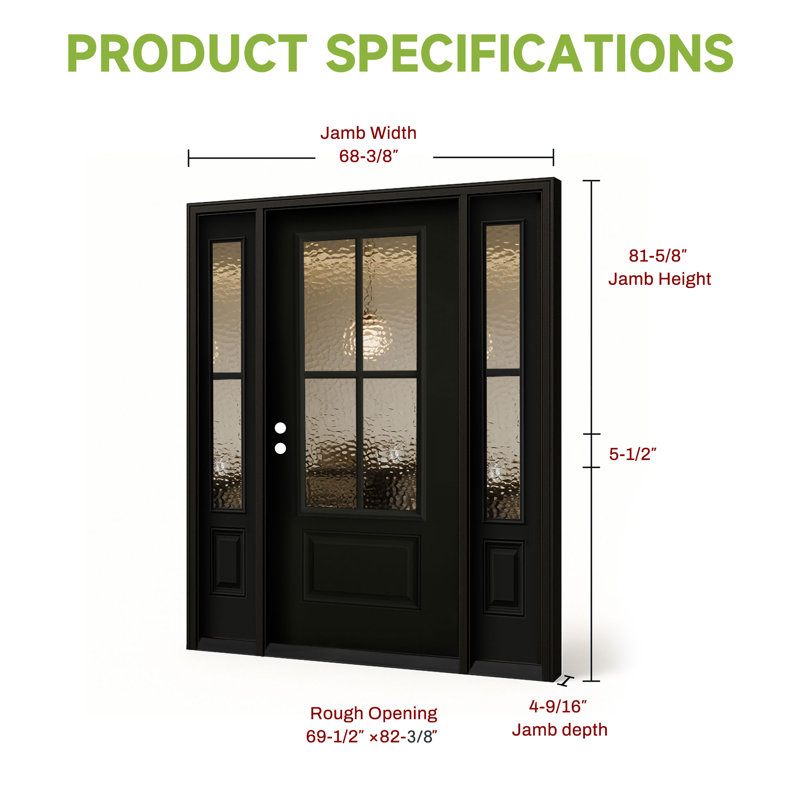 68 po X 80 po Porte d'entrée noire en fibre de verre avec verre martelé - 2 côtés x 14, côté gauche, Oui